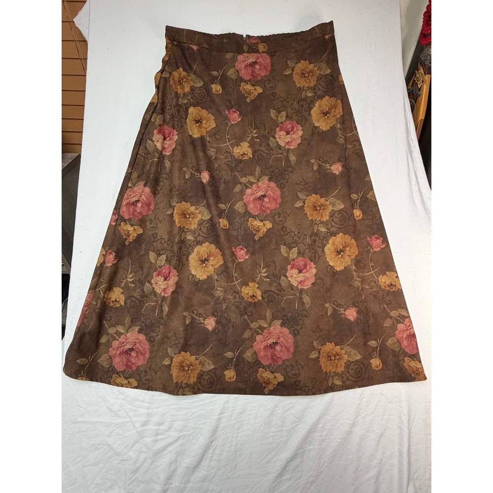 Karin Stevens Vintage Floral Maxi Skirt Brown Pink Rose A-Line Size 14